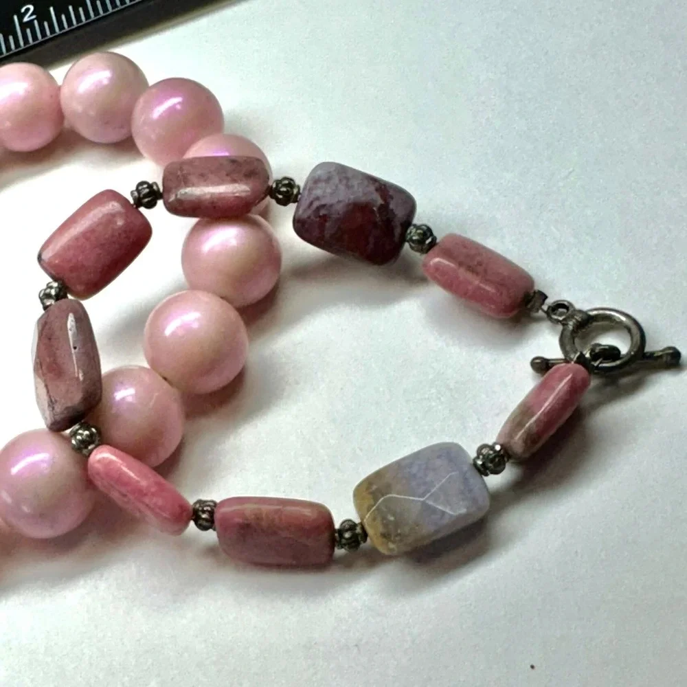 Chunky Pink Round Beads Mixed Gemstone‎ Style Toggle Bracelet Set of Two